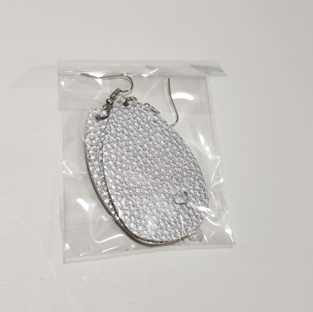 Silver shiny leather dangle earrings
